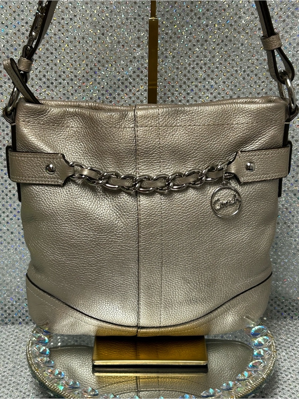 Coach Metallic Silver Leather Shoulder Bag w/Chain Accent Approximately 12 x 11